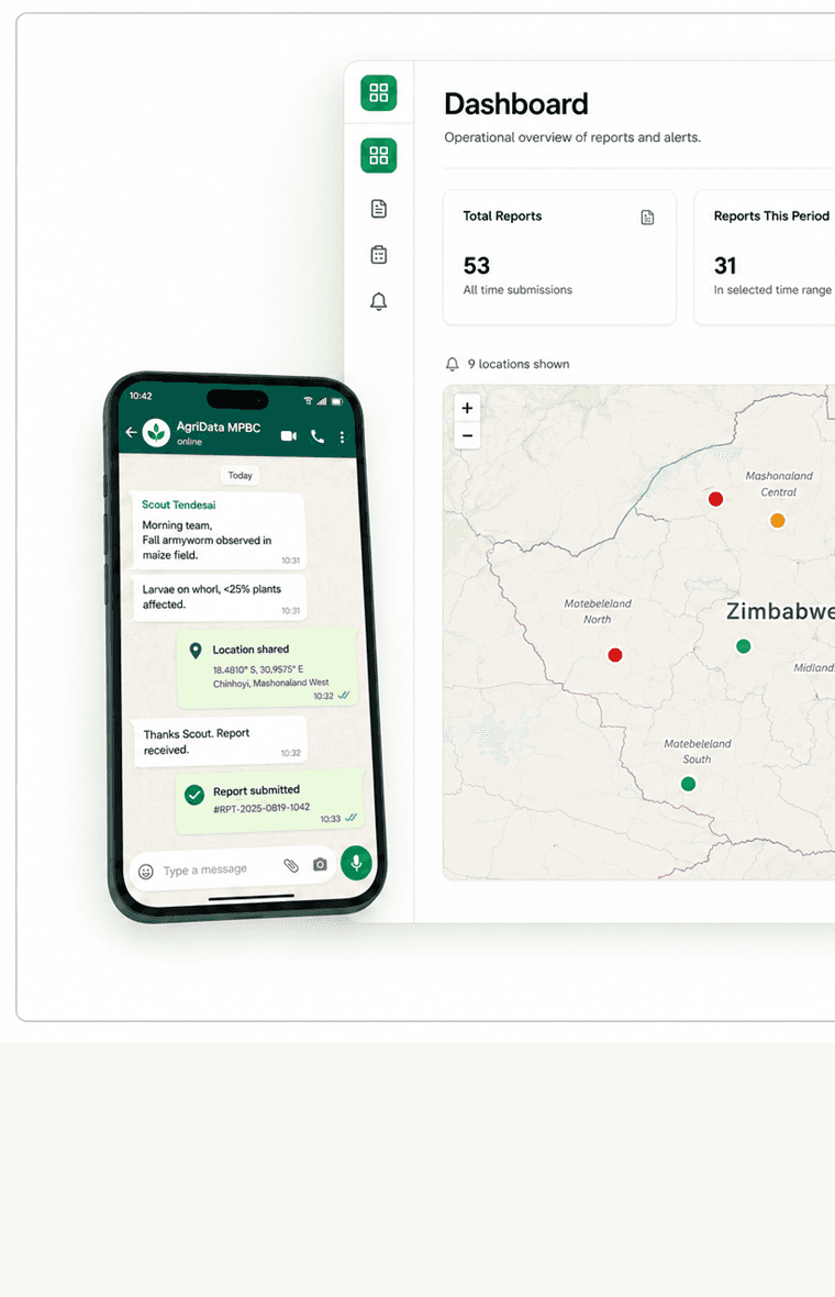 Screenshot-grade synthetic AgriData mobile dashboard and WhatsApp field report using fabricated pilot data